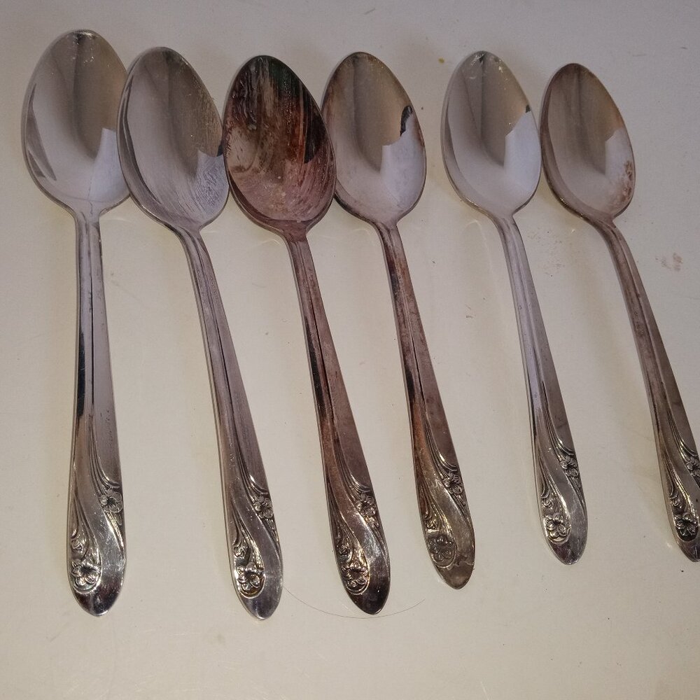 1949 HOLMES EDWARDS inlaid LS 6 Teaspons "Spring Garden" Silver Plate Flatwarers